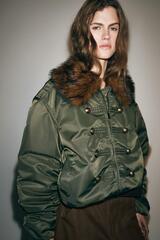 ZARA НЕЙЛОНОВЫЙ БОМБЕР С МЕХОВЫМ ВОРОТНИКОМ — ZW COLLECTION, МЯГКИЙ ЗЕЛЕНЫЙ