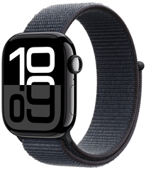 Apple Watch Series 10, 42 мм, Умные часы Корпус из алюминия цвета Черный глянец, спортивный браслет темно-синего цвета (MWWG3)