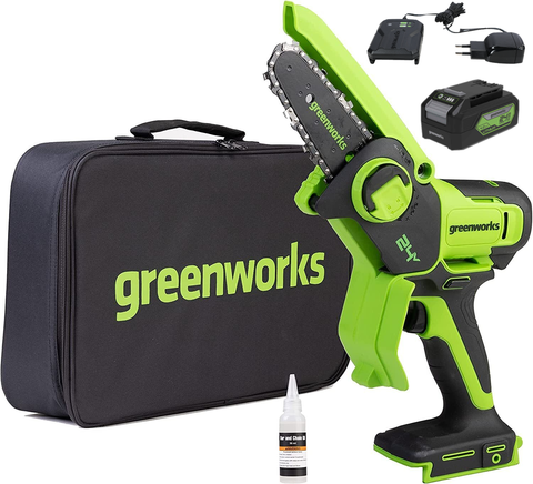 Цепная мини пила аккумуляторная Greenworks GD24CSMNX Арт. 2008707UH, 24V, 15см, бесщеточная, в комплекте АКБ 8 А·ч и ЗУ в сумке