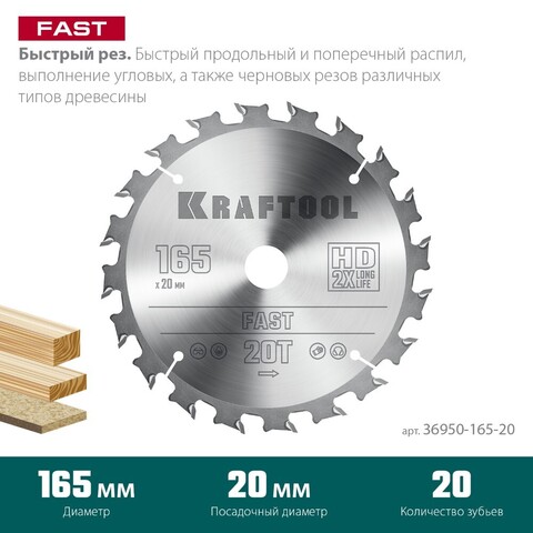KRAFTOOL Fast, 165 х 20 мм, 20Т, пильный диск по дереву (36950-165-20)