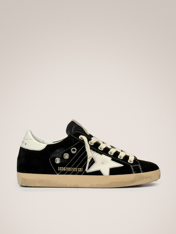 Super Star in black suede with white leather star and heel tab