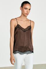 Massimo Dutti Топ в бельевом стиле с контрастным кружевом, пестро-коричневый