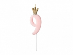 Розовая свеча с короной цифра "9" (9,5 см)