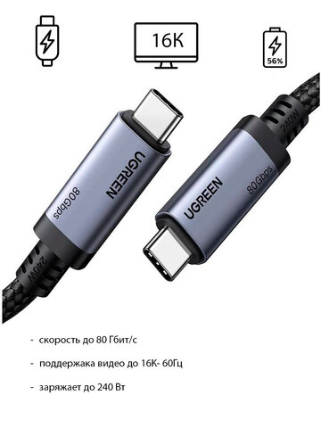 Кабель  UGREEN L706 (65383) 240W 80Gbps USB-C to USB-C GEN4 Charging Cable 5A Max 1m - Gray