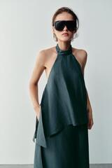 ZARA ЛЬНЯНОЕ ПЛАТЬЕ МИДИ С ГОРЛОВИНОЙ ХАЛТЕР, СВИНЦОВЫЙ