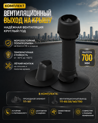 Комплект вентиляционного выхода на плоскую кровлю утепленный ЧЕРНЫЙ для канализации D110