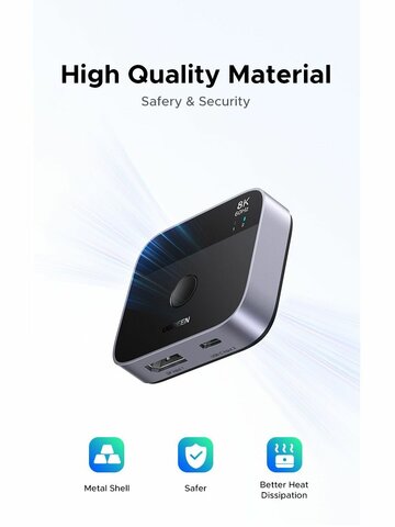 Переключатель UGREEN AW701 (65878) 2 in 1 8K@60Hz DisplayPort&USB-C Switcher, черный