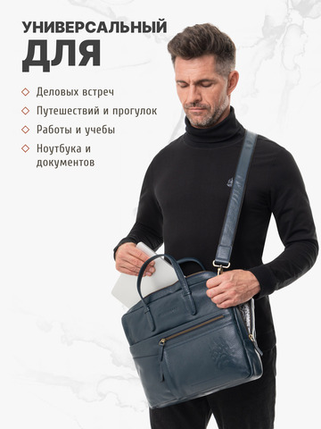 Кожаный мужской портфель универсальный, компактный синего цвета