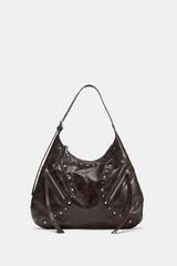 ZARA ПЛЕЧЕВАЯ СУМКА С ЗАКЛЕПКАМИ, ШОКОЛАДНЫЙ