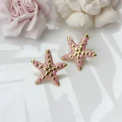 Серьги пусеты Морские звёзды с эмалью, розовый, 28*26 мм, сталь, позолота, СГ048