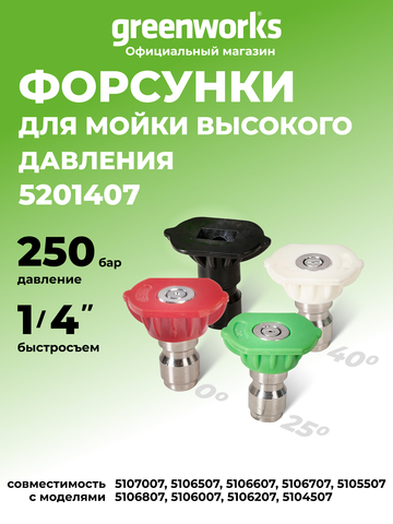 Комплект из 4-х насадок для мойки высокого давления Greenworks, 250 бар