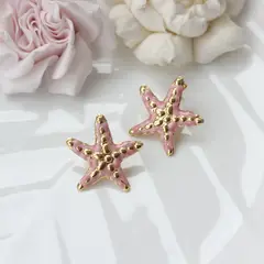 Серьги пусеты Морские звёзды с эмалью, розовый, 28*26 мм, сталь, позолота, СГ048
