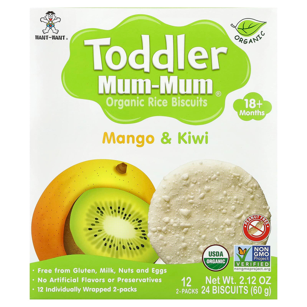 Hot Kid, Toddler Mum-Mum®, органическое рисовое печенье, для детей от 18 месяцев, манго и киви, 12 упаковок по 2 печенья