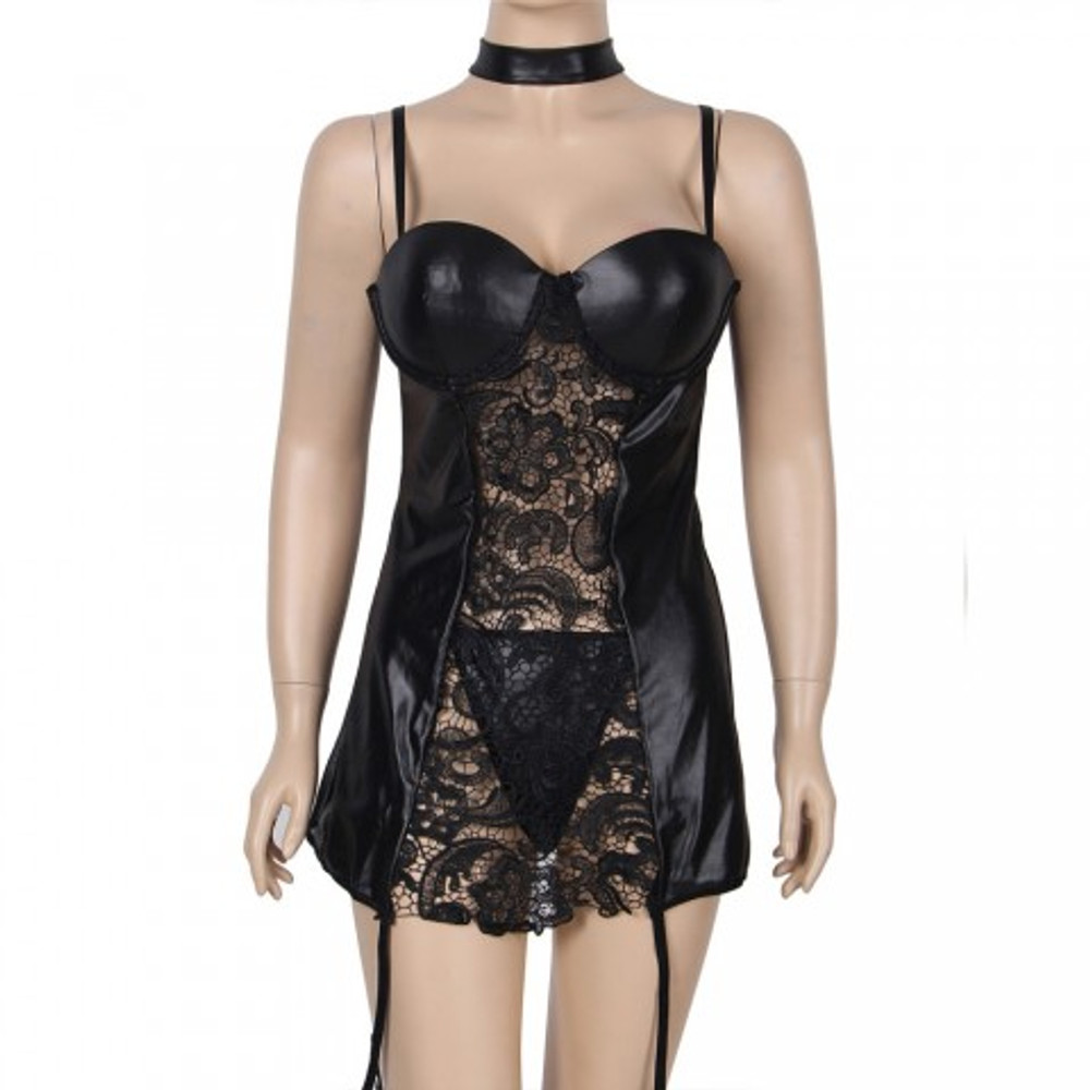 Платье кожаное с пажиками для чулок Ohyeah с кружевом +стринги, XL-2XL
