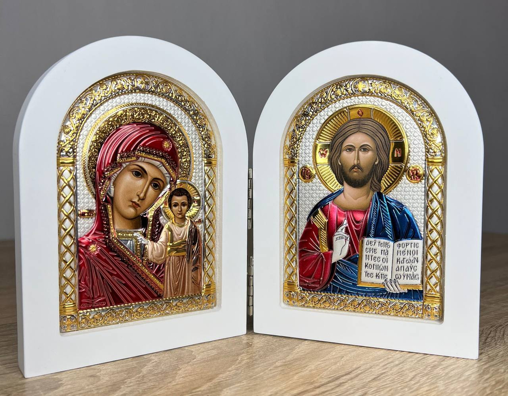 Складень, Спаситель, Казанская БМ, икона арочная, белое дерево, эмаль 200x300