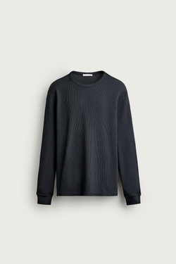 ZARA ФУТБОЛКА REGULAR FIT ИЗ ВАФЕЛЬНОГО ТРИКОТАЖА, СЕРО-СИНИЙ