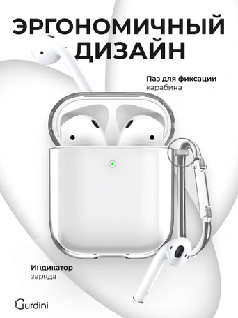 Чехол Gurdini силиконовый для наушников Apple Airpods 1/2 прозрачный