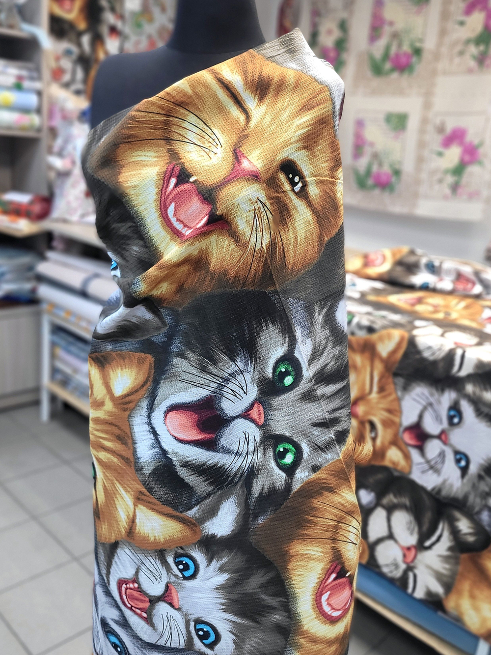 1 метр. Вафельное полотно Кошки Котофеи Мурлыки, хлопок на отрез ширина 150 см, длина от 100 см, Ткань хлопчатобумажная полотенечная арт. 60
