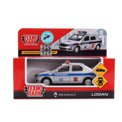 Модель ин. мет. "Renault Logan.Полиция" 12см, двери, баг, серебристый, коробка LOGAN-P (Технопарк)