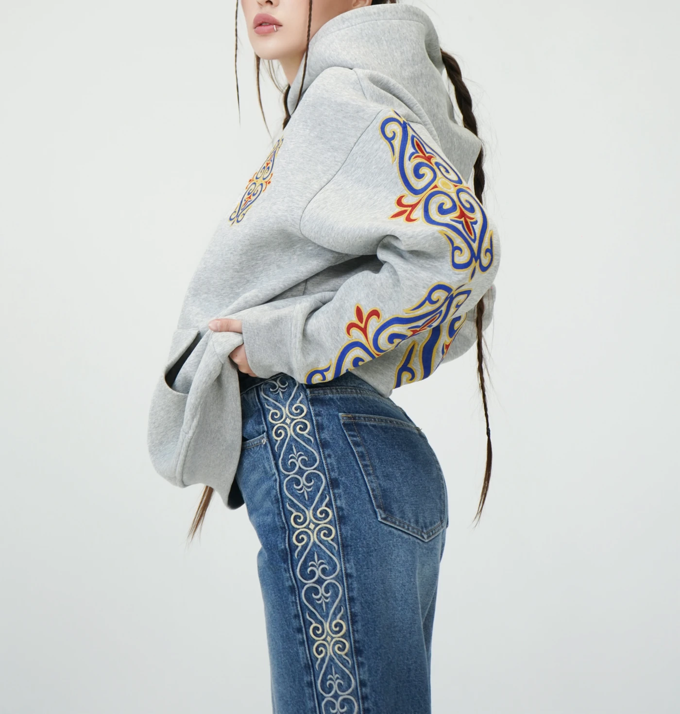 Medium Dark Blue Jeans with Side Embroidery and Stone Wash Effect