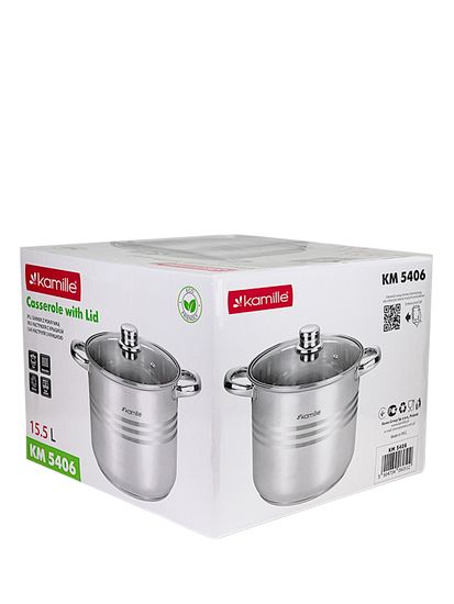 Кастрюля 15,5 л. из нержавеющей стали Kamille KM 5406 со стеклянной крышкой