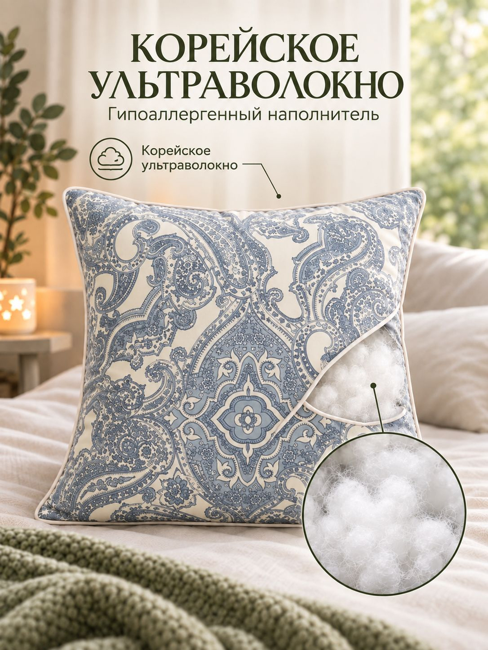 Подушка 60х60 для сна, чехол 100% хлопок, лаванда