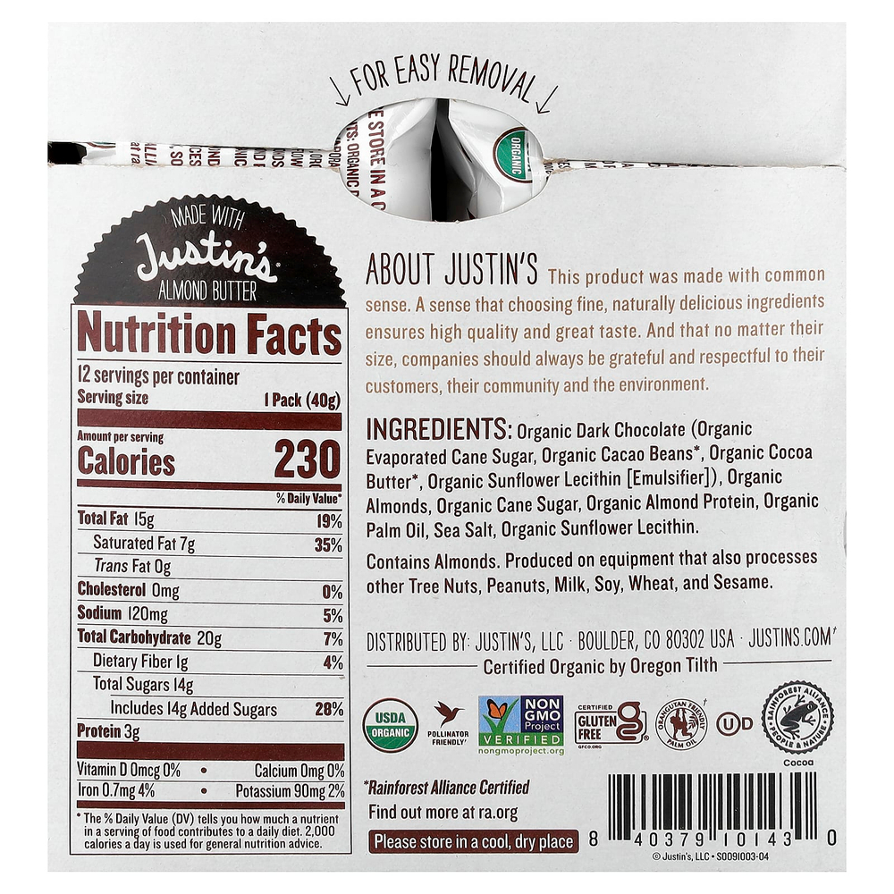 Justin's Nut Butter, Organic Almond Butter Cups, Dark Chocolate, 12 Two-Cup Pakages, 1.4 oz (40 g) Each