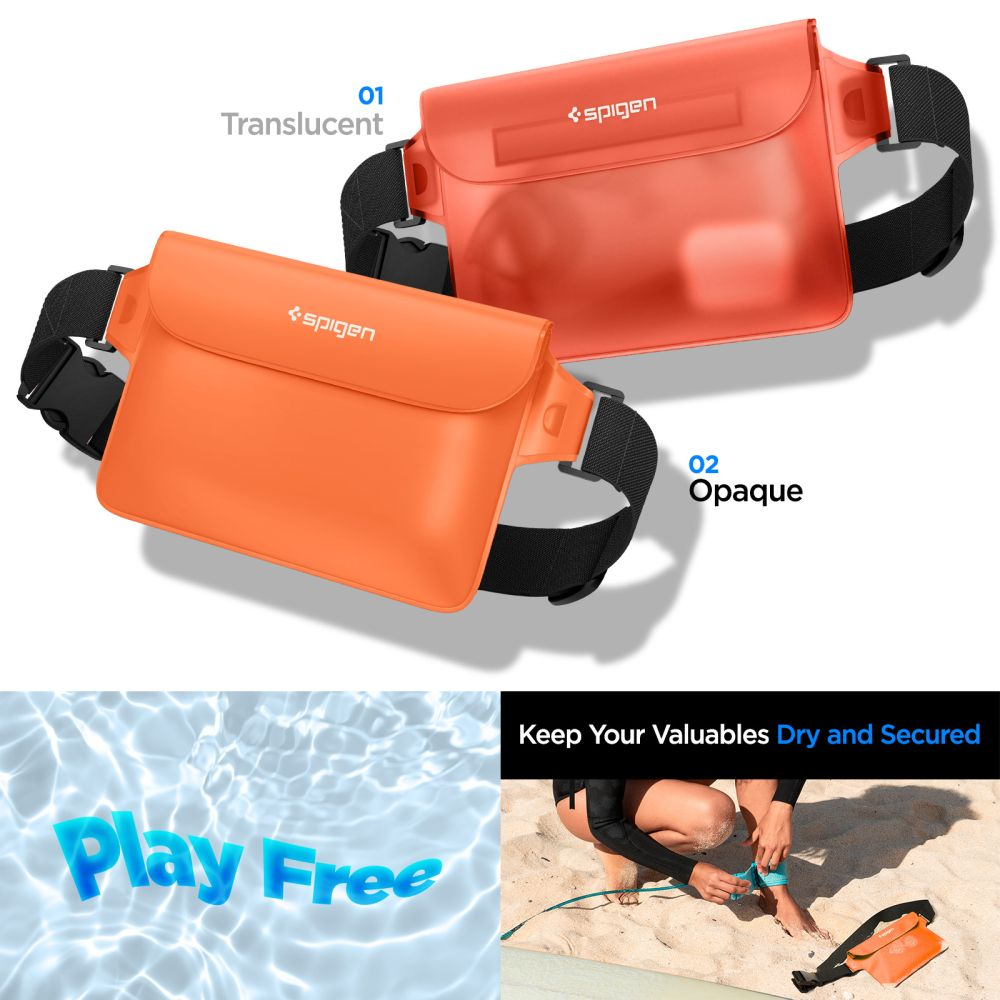 Защитная водонепроницаемая сумка Spigen A620 UNIVERSAL WATERPROOF WAIST BAG 2-PACK SUNSET ORANGE (водонепроницаемость и пыленепроницаемость IPX8; водонепроницаемость до 30 метров; размеры 22x15cm; тройная герметичная застежка)