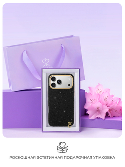 Чехол PYNANA для iPhone 17 Pro кожа, кристаллы, черный