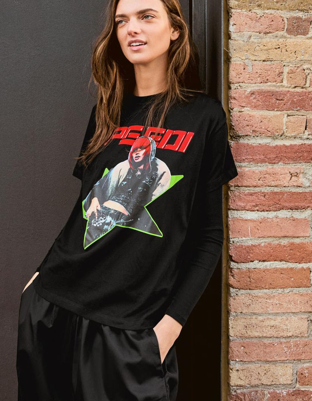 BERSHKA Футболка с коротким рукавом и принтом Speedi , черный