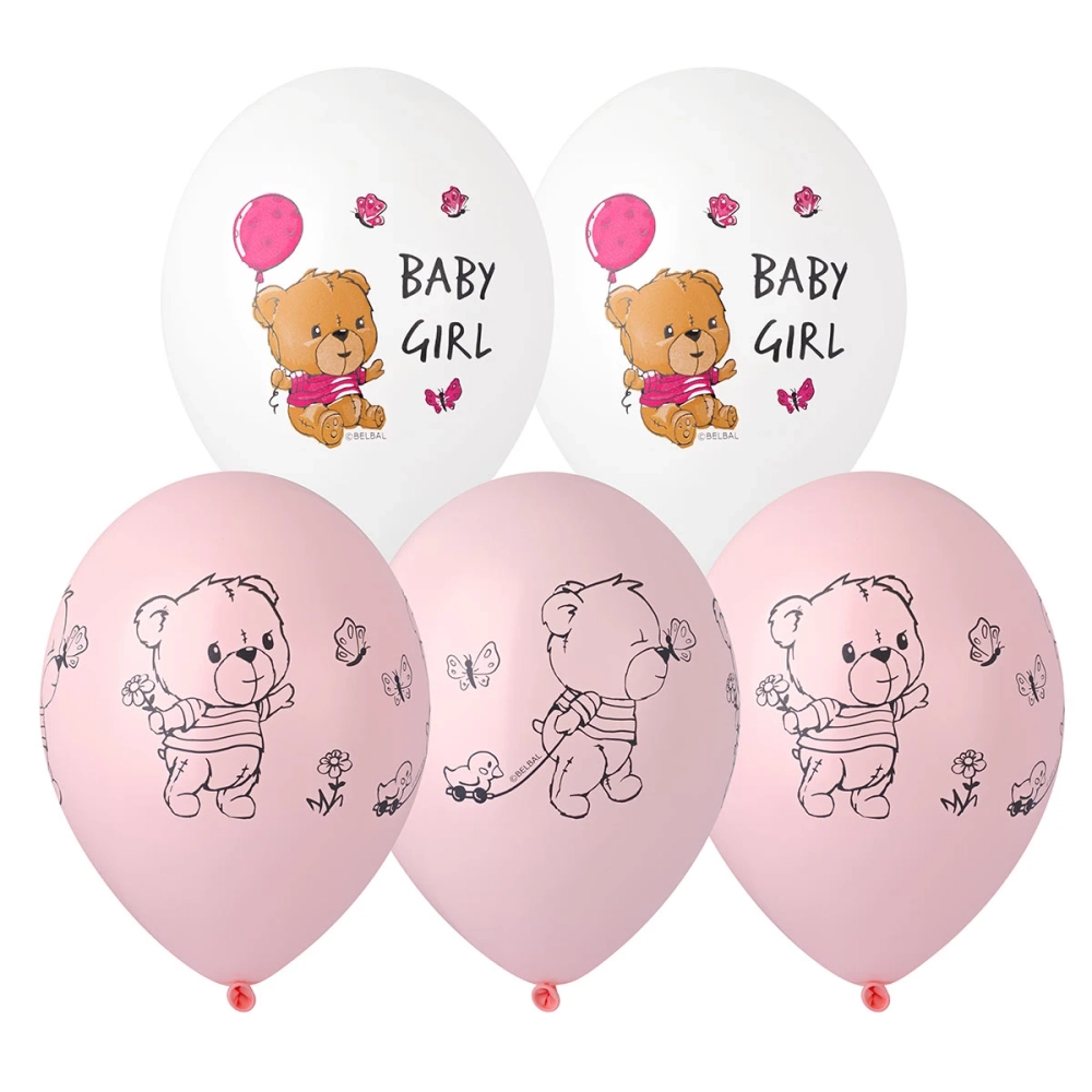 Шары розовые и белые "Baby Girl: медвежонок"