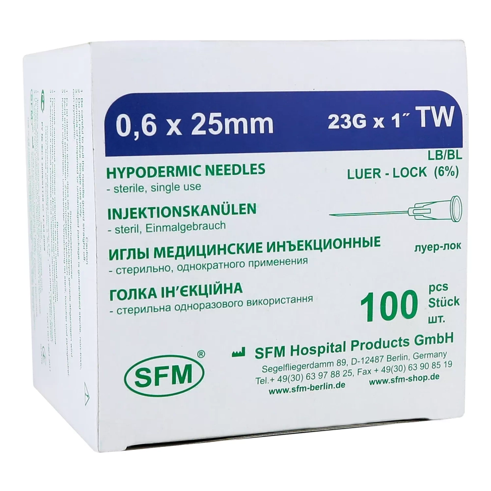 Игла инъекционная SFM 0,6х25 мм 23G 100 шт