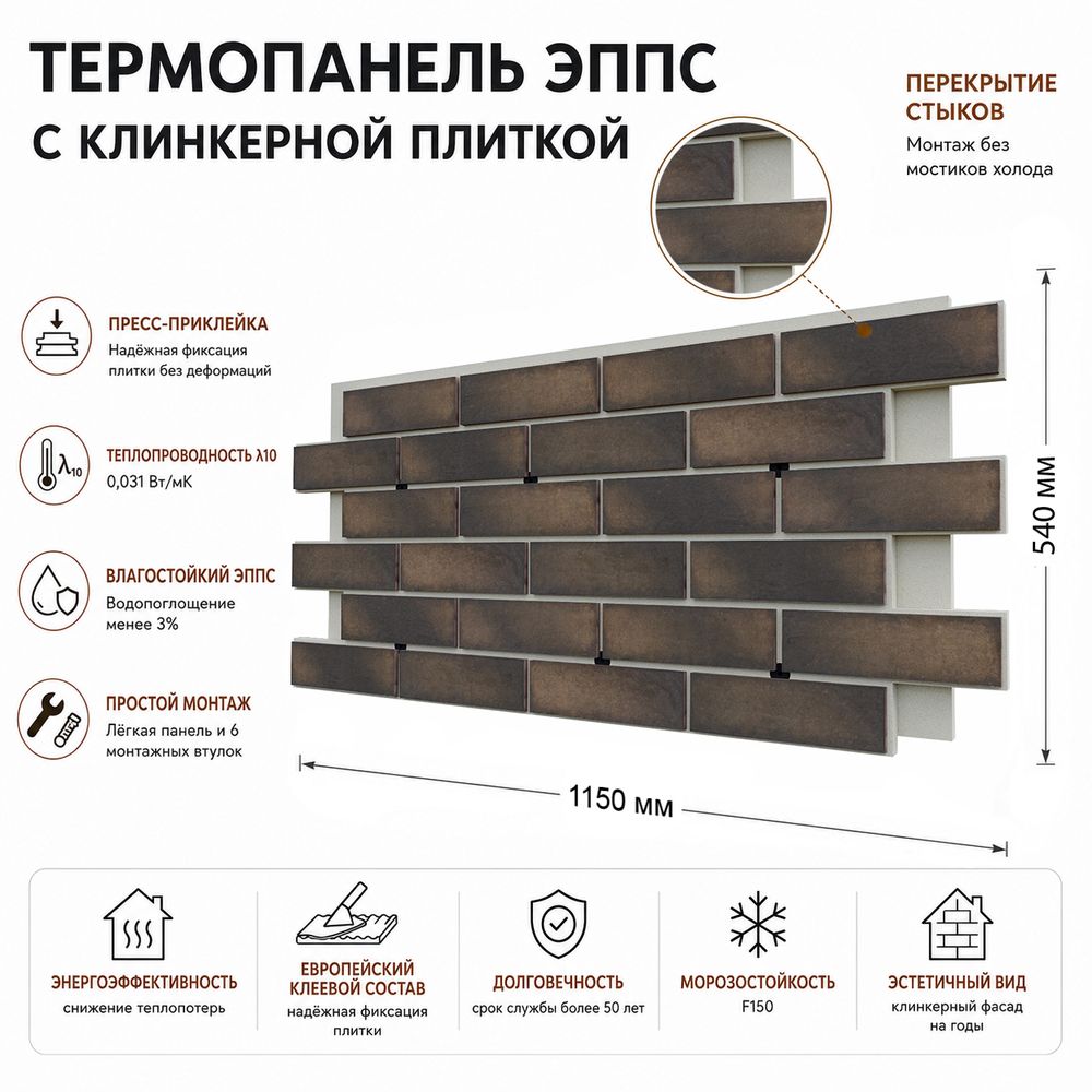 Клинкерная фасадная термопанель ЭППС Береза Керамика Брик Хаус Коричневый 1150x540