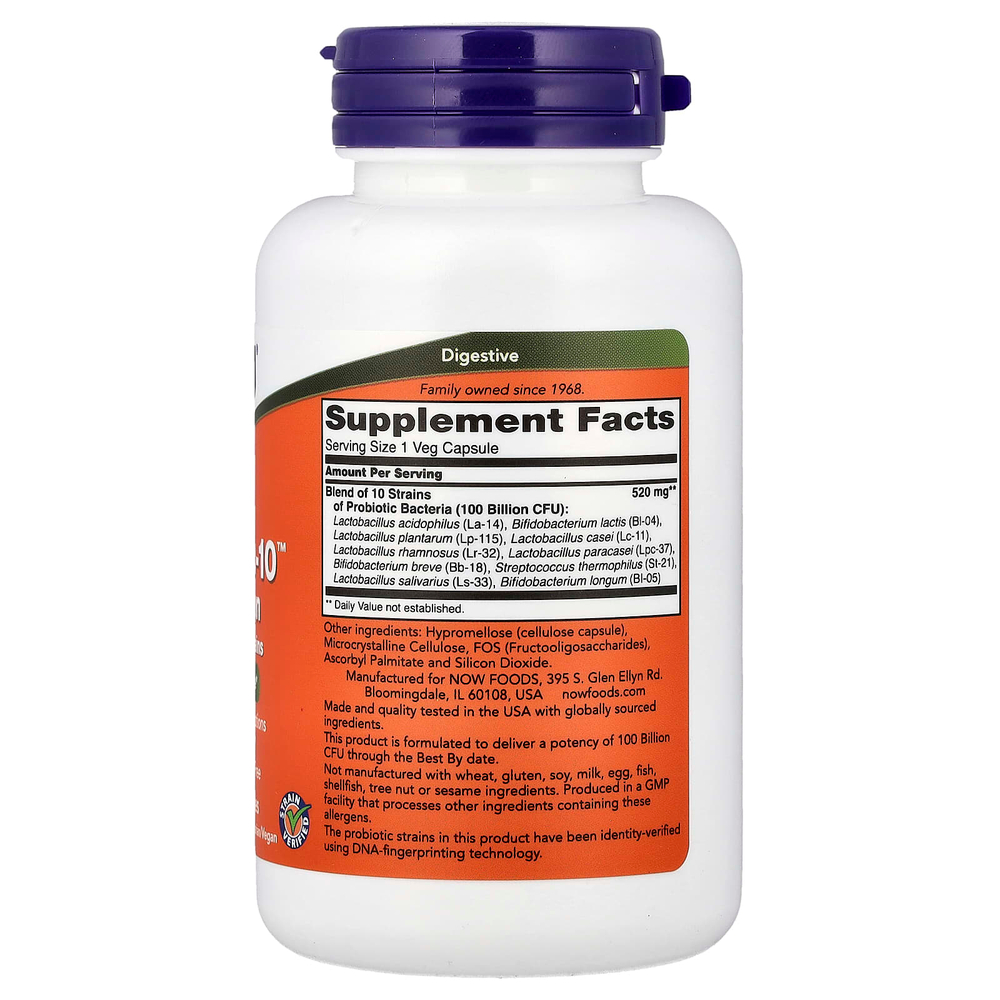 NOW Foods, Probiotic-10™, комплекс пробиотиков, 100 млрд КОЕ, 60 растительных капсул