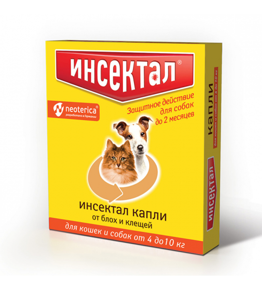 ИНСЕКТАЛ Капли от блох и клещей для кошек и собак массой 4-10 кг