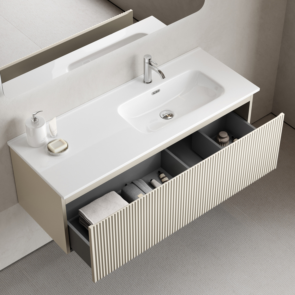 Тумба подвесная SANCOS Сноб Р 1.0 (Snob R 1.0) 995х445х406, c одним ящиком оснащенным доводчиками, Бежевый матовый (Beige Soft), арт.SNR1.0100RCE