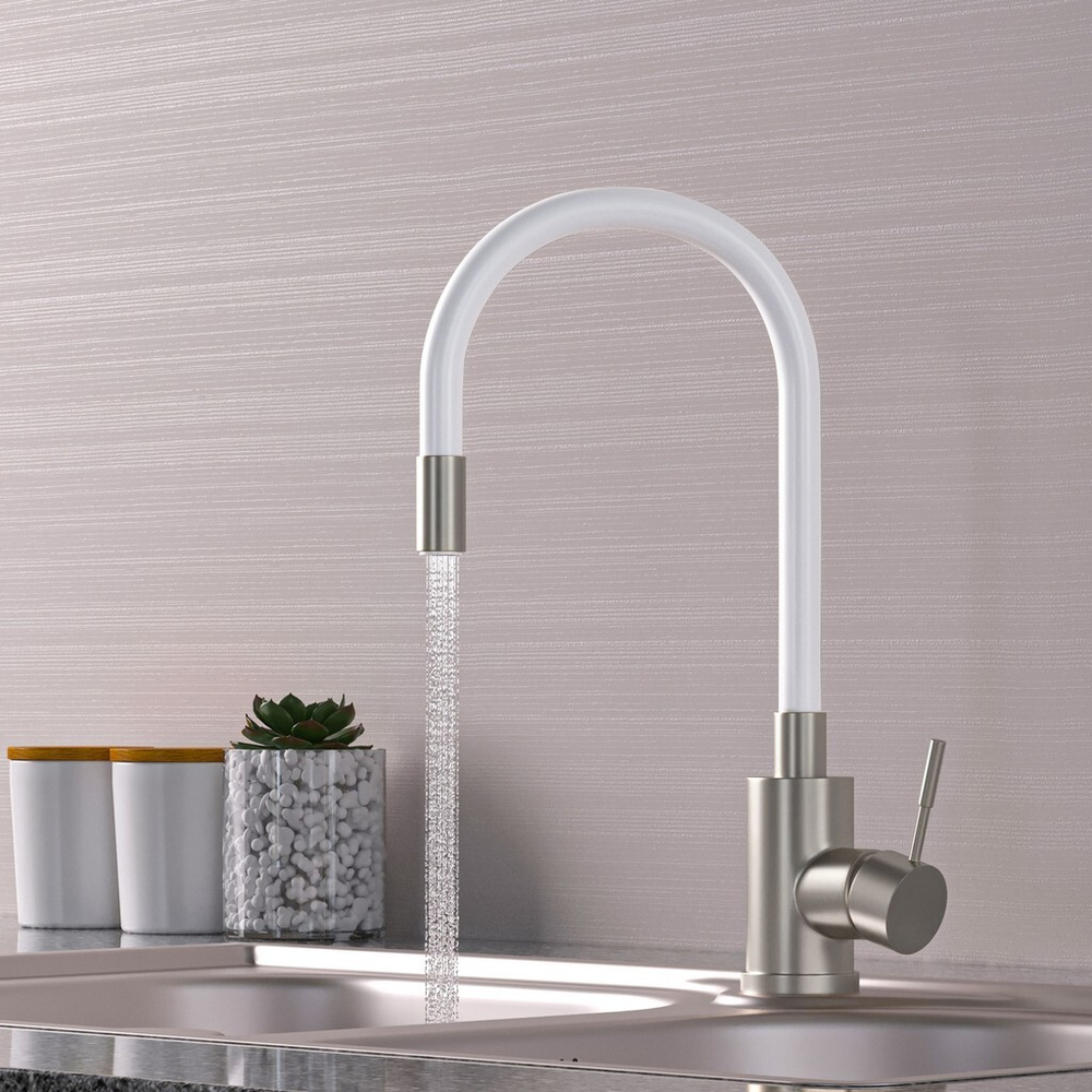 Смеситель для кухни 35k MIXLINE МЛНС-0325 (MLSS-0325) БЕЛЫЙ гибкий силиконовый излив, п/гайку САТИН