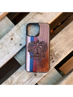 Чехол для iPhone 15 pro max Россия Флаг Герб из дерева