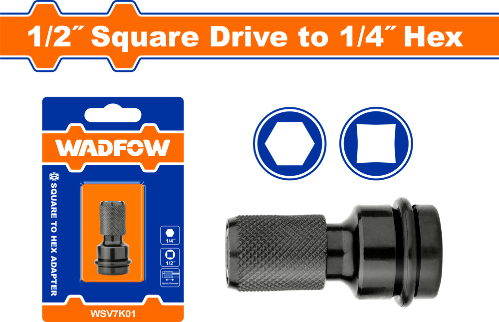 Переходник с квадрата 1/2" под шестигранную биту 1/4" WADFOW WSV7K01 50 мм