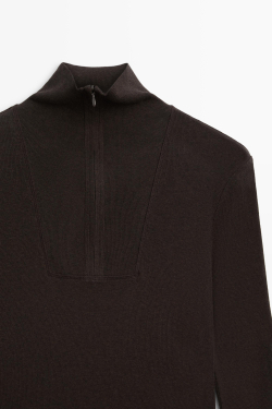 Massimo Dutti Футболка из смесового хлопка с воротником на молнии, кротово-коричневый