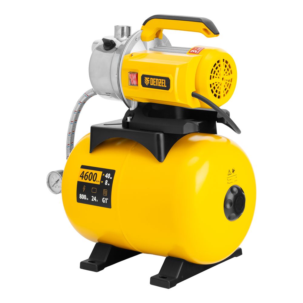 Насосная станция WPS800-24S, 800 Вт, напор 40 м, 4600 л/ч, ресивер 24 л, нержавейка Denzel