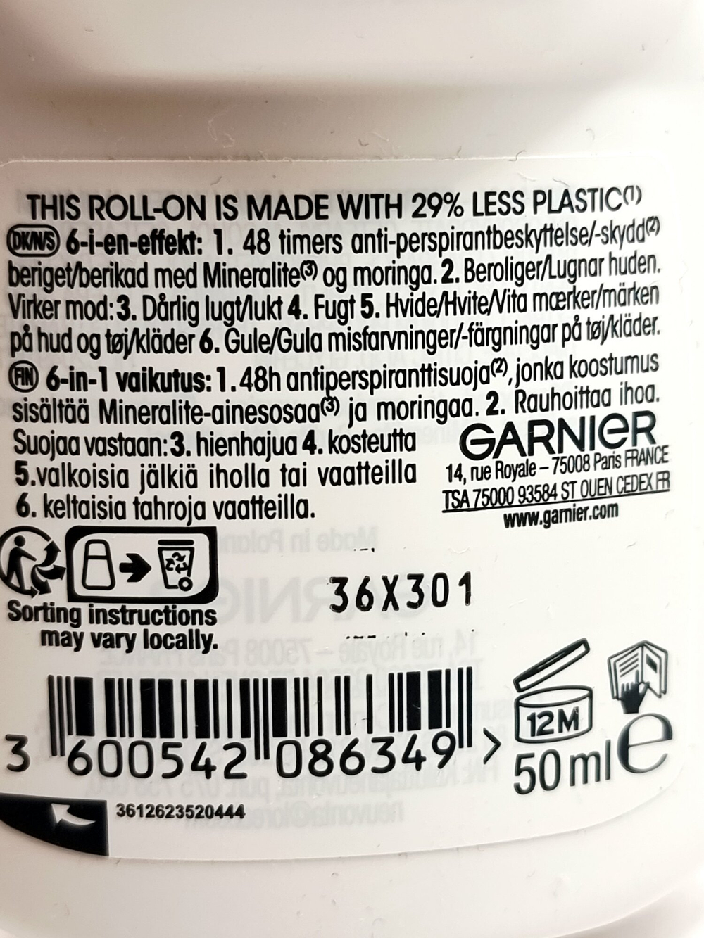 Дезодорант шариковый женский Garnier Mineral "6-IN-1" 48час 50 мл (Из Финляндии)
