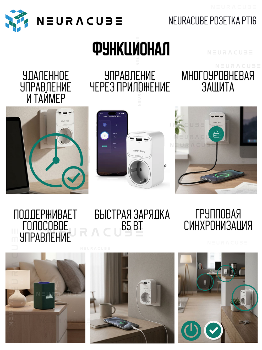 Умная WiFi розетка NEURACUBE TP16, 16A/3500Вт (С функцией быстрой зарядки)