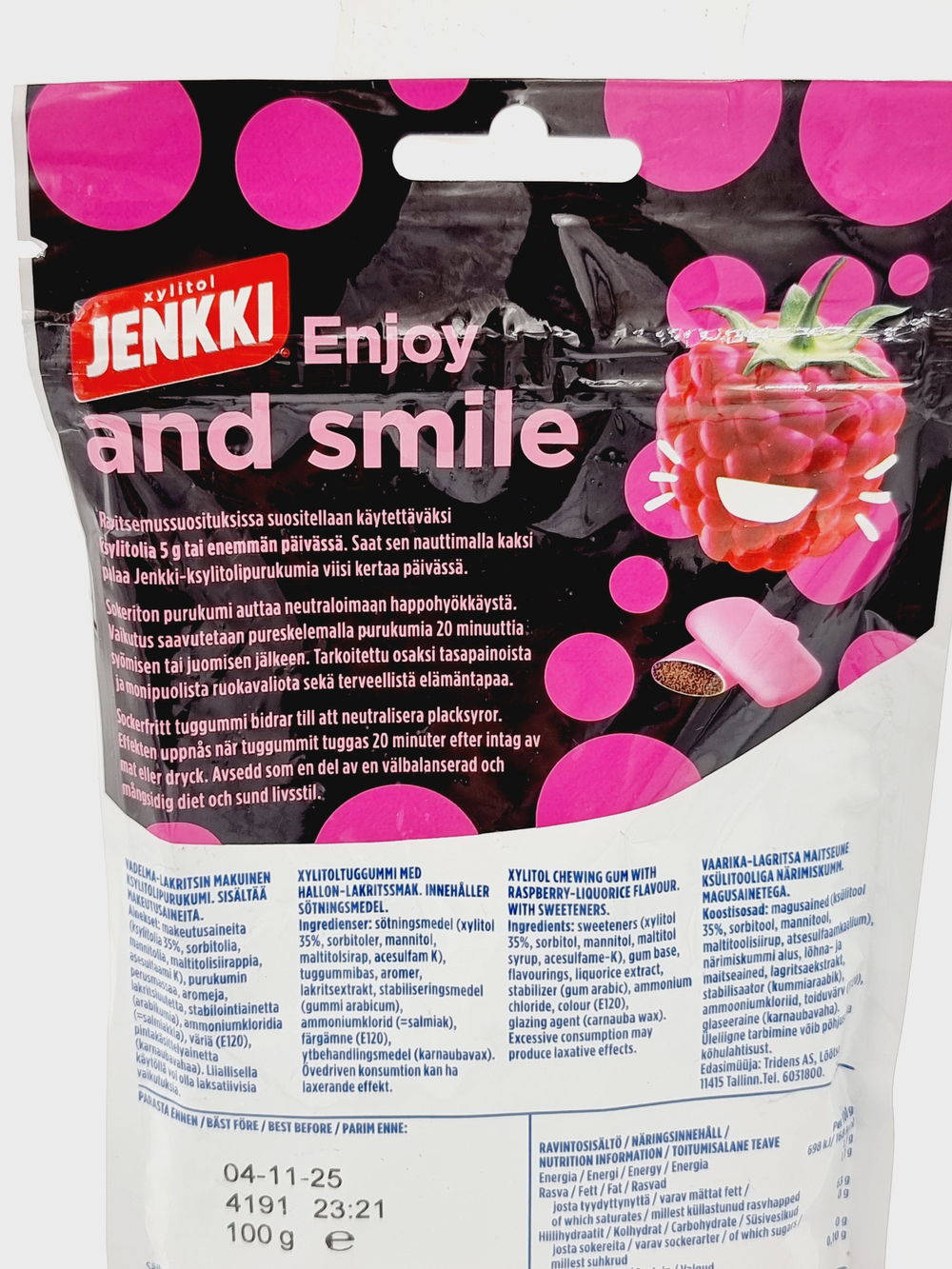 Жевательная резинка Jenkki Professional Малина-Лакрица с ксилитом 100 г (из Финляндии)