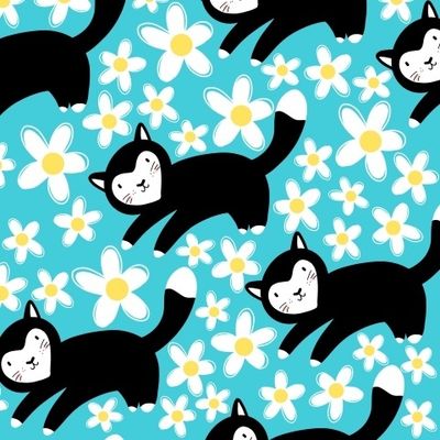 Котики и цветы на голубом фоне (детский фон)
