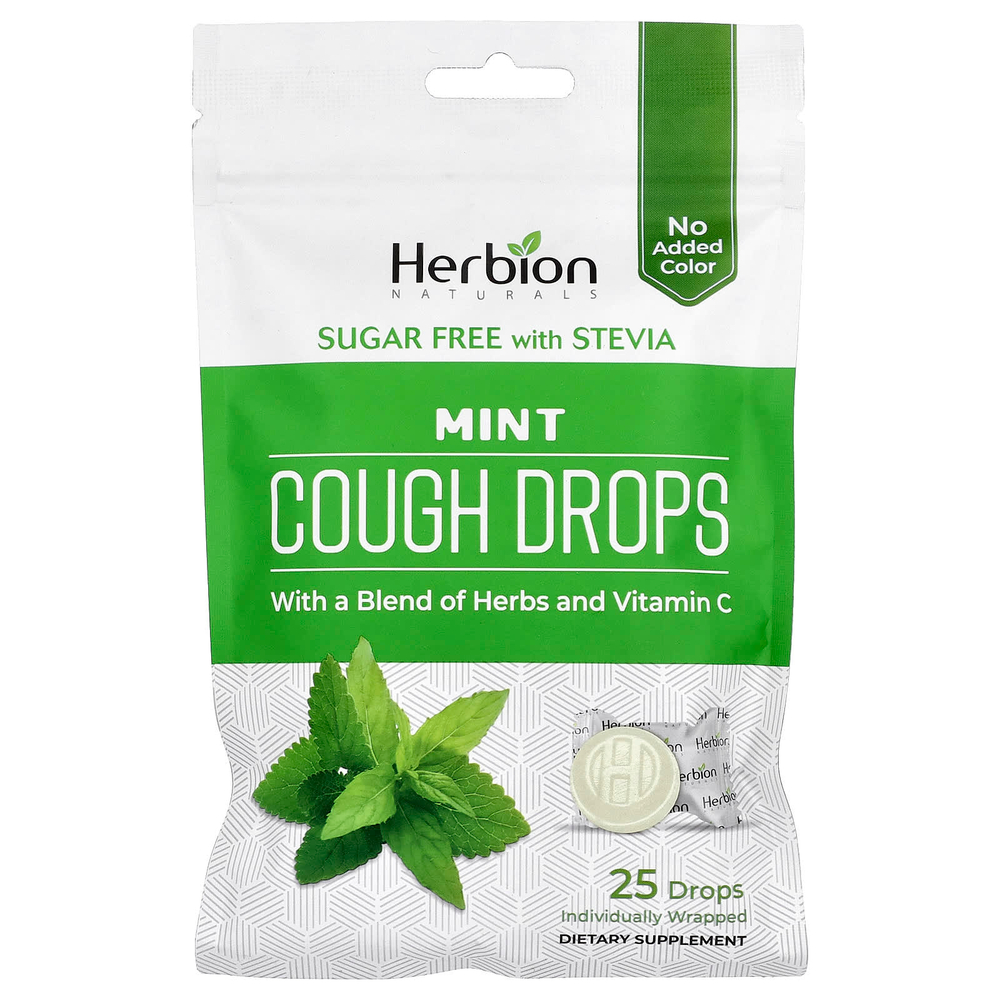 Herbion Naturals, Леденцы от кашля, без сахара, с мятой, 25 капель в индивидуальной упаковке