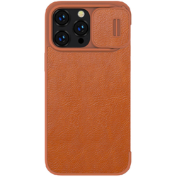 Кожаный чехол книжка коричневого цвета от Nillkin для iPhone 14 Pro, серия Qin Pro Leather с защитной шторкой для камеры