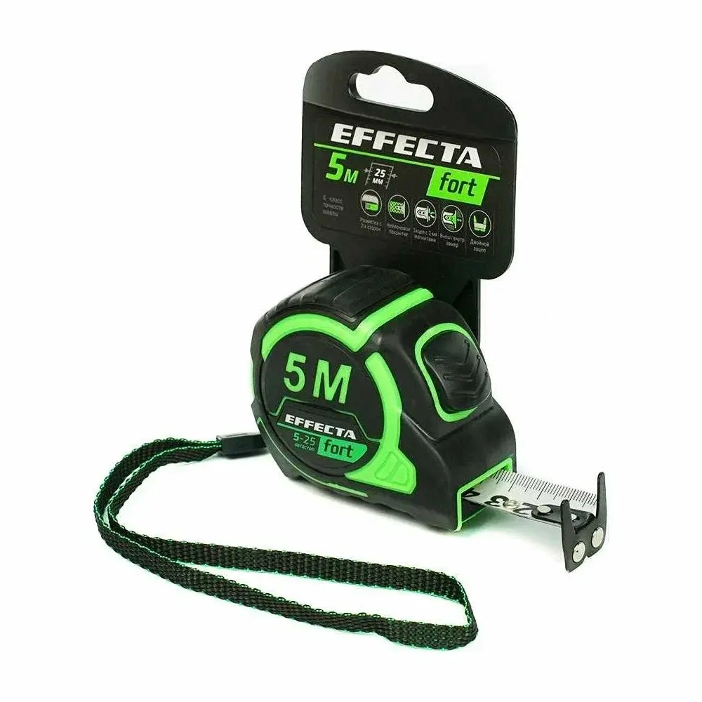 Рулетка Effecta Fort 5м/25 мм, магнит, автостоп, лента -2-х сторонняя шкала
