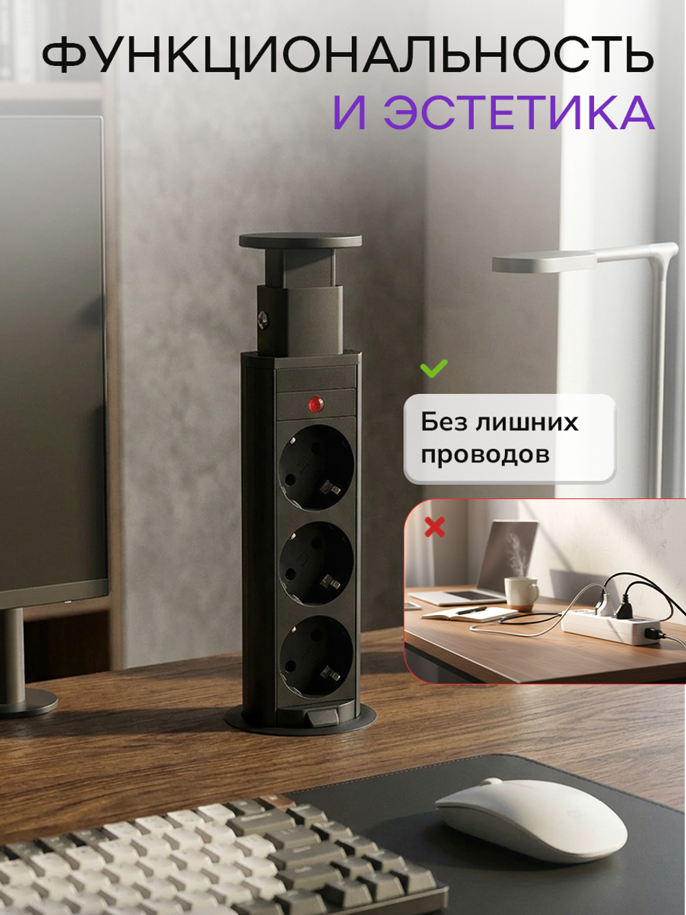 Вертикальная тройная розетка, Черная