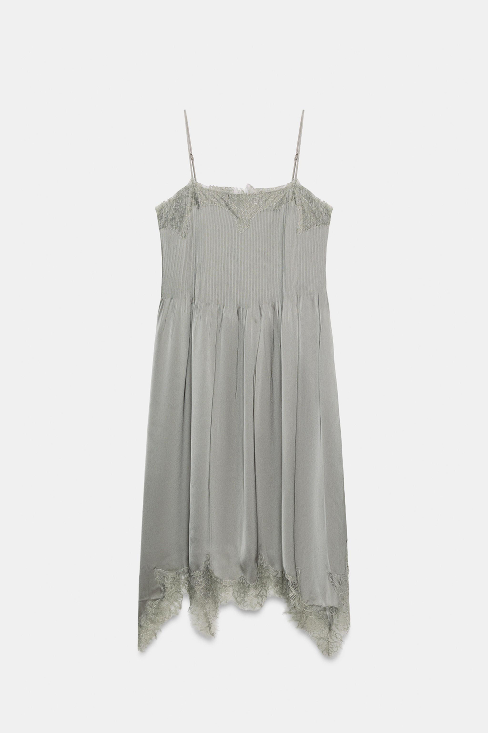 ZARA ПЛАТЬЕ МИДИ С КРУЖЕВОМ — ZW COLLECTION, МЯГКИЙ СЕРЫЙ